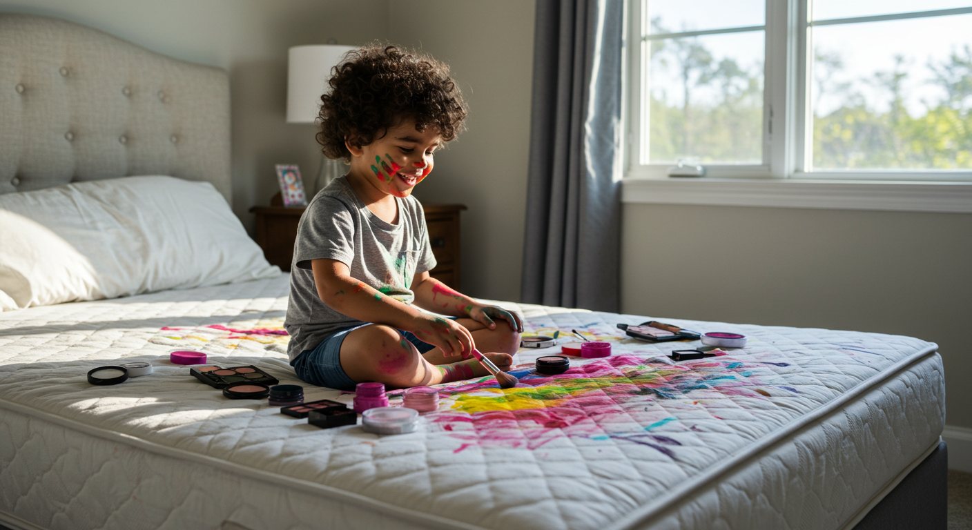 Child playing with makeup on bed